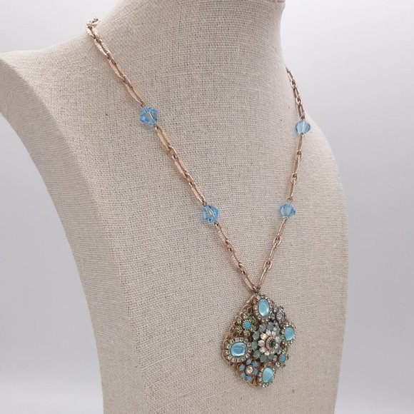 Liz Palacios Signed SF Gold Tone & Blue Victorian Style Pendant Necklace - Picture 4 of 11